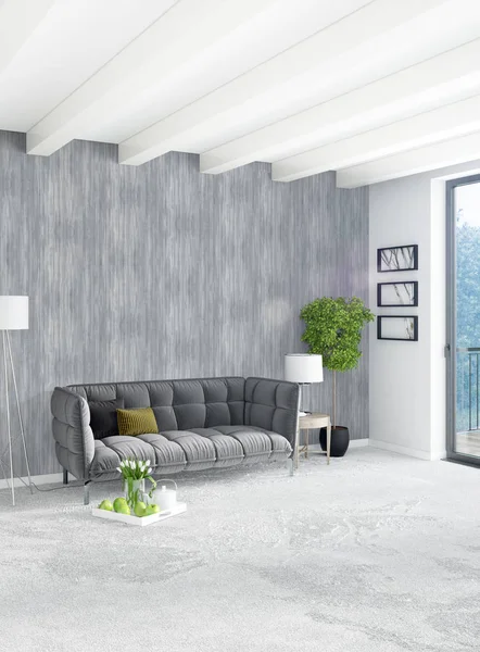 Tetőtéri hálószoba modern stílusú interior design eklektikus fal és stílusos kanapéval. 3D-leképezés. — Stock Fotó