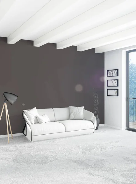 Loft camera da letto in stile moderno interior design con parete eclettica e divano elegante. Rendering 3D . — Foto Stock