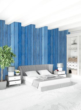 Çatı katı yatak odasında modern tarzı iç tasarım eklektik duvar ve şık kanepe. 3D render.