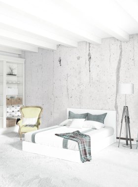 Çatı katı yatak odasında modern tarzı iç tasarım eklektik duvar ve şık kanepe. 3D render.