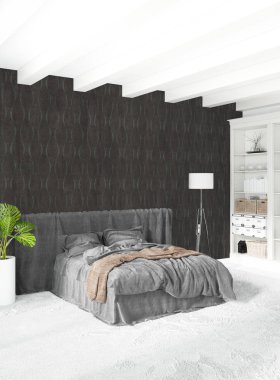 Çatı katı yatak odasında modern tarzı iç tasarım eklektik duvar ve şık kanepe. 3D render.