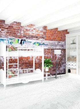 Çatı odasında modern tarzı iç tasarım eklektik duvar ve boşaltmak dikey kavramı. 3D render.