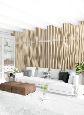 Çatı katı yatak odasında modern tarzı iç tasarım eklektik duvar ve şık kanepe. 3D render.