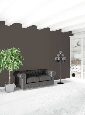 Çatı katı yatak odasında modern tarzı iç tasarım eklektik duvar ve şık kanepe. 3D render.