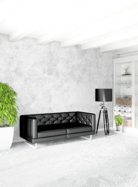 Çatı katı yatak odasında modern tarzı iç tasarım eklektik duvar ve şık kanepe. 3D render.