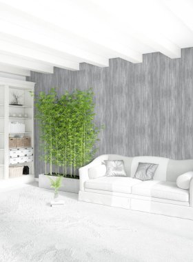 Dikey yatak odası en az ya da Loft tarzı iç tasarım. 3D render. Kavram fikir.