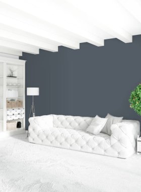 Dikey yatak odası en az ya da Loft tarzı iç tasarım. 3D render. Kavram fikir.