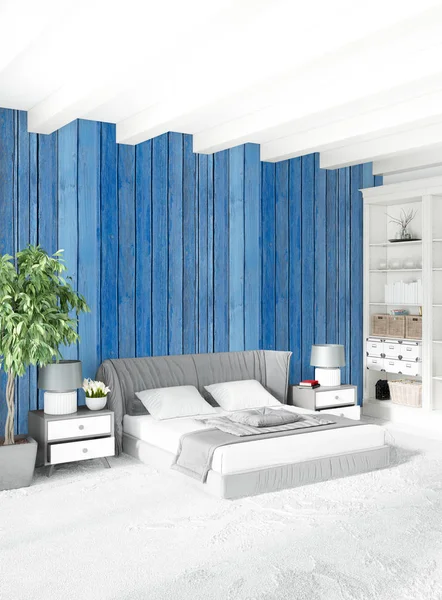 Çatı katı yatak odasında modern tarzı iç tasarım eklektik duvar ve şık kanepe. 3D render.