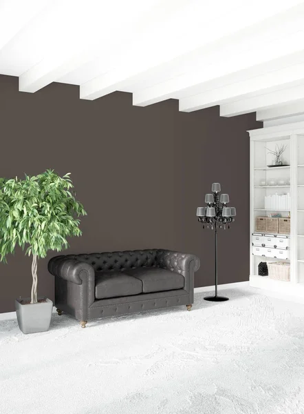 Çatı katı yatak odasında modern tarzı iç tasarım eklektik duvar ve şık kanepe. 3D render.