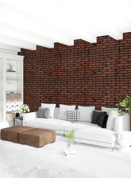 Çatı katı yatak odasında modern tarzı iç tasarım eklektik duvar ve şık kanepe. 3D render.