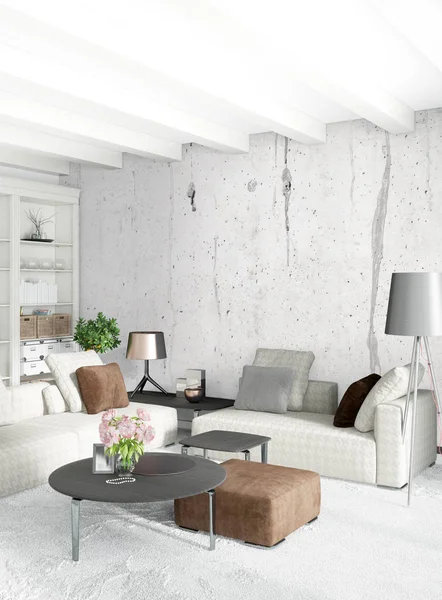 Çatı katı yatak odasında modern tarzı iç tasarım eklektik duvar ve şık kanepe. 3D render.