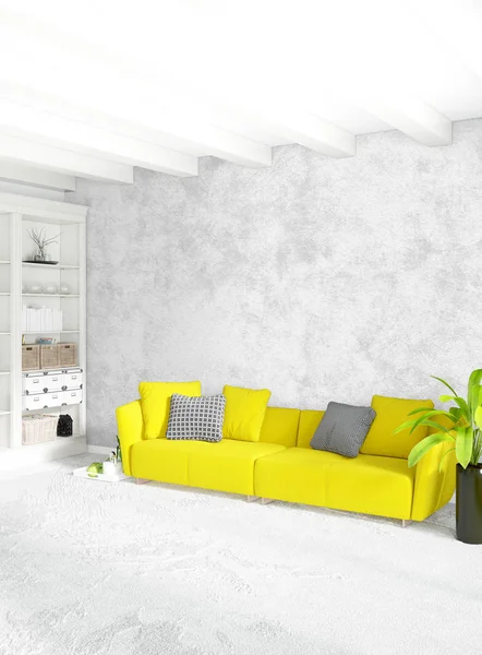 黄色卧室或客厅现代风格流露出墙和时尚家具与室内设计。3d 渲染. — 图库照片