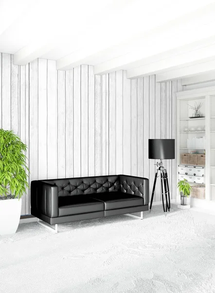 Çatı katı yatak odasında modern tarzı iç tasarım eklektik duvar ve şık kanepe. 3D render.