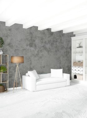 Dikey yatak odası en az ya da Loft tarzı iç tasarım. 3D render. Kavram fikir.