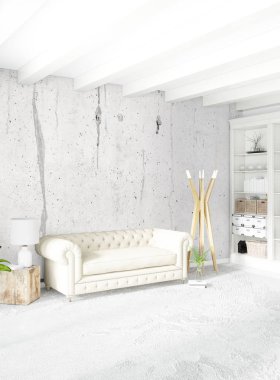 Dikey yatak odası en az ya da Loft tarzı iç tasarım. 3D render. Kavram fikir.