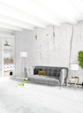 Dikey yatak odası en az ya da Loft tarzı iç tasarım. 3D render. Kavram fikir.