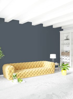 Dikey yatak odası en az ya da Loft tarzı iç tasarım. 3D render. Kavram fikir.