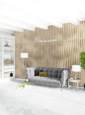 Dikey yatak odası en az ya da Loft tarzı iç tasarım. 3D render. Kavram fikir.