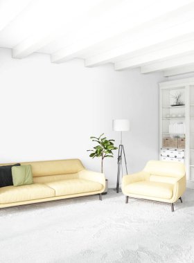 Dikey yatak odası en az ya da Loft tarzı iç tasarım. 3D render. Kavram fikir.