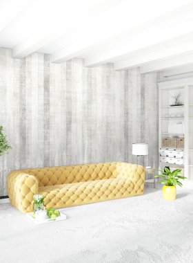 Dikey yatak odası en az ya da Loft tarzı iç tasarım. 3D render. Kavram fikir.