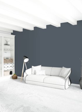 Dikey yatak odası en az ya da Loft tarzı iç tasarım. 3D render. Kavram fikir.