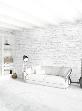 Dikey yatak odası en az ya da Loft tarzı iç tasarım. 3D render. Kavram fikir.