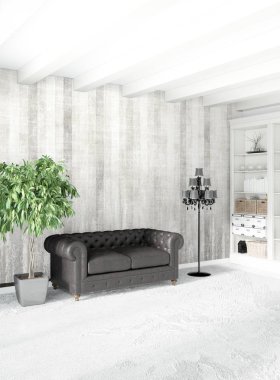 Dikey yatak odası en az ya da Loft tarzı iç tasarım. 3D render. Kavram fikir.