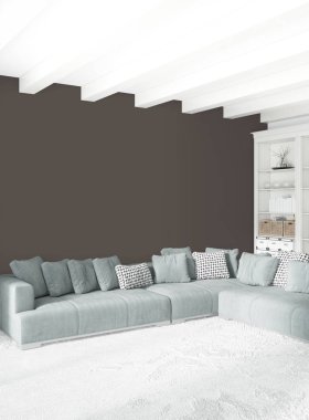 Dikey yatak odası en az ya da Loft tarzı iç tasarım. 3D render. Kavram fikir.