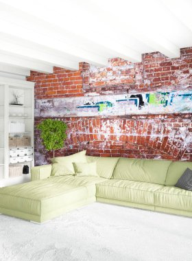 Dikey yatak odası en az ya da Loft tarzı iç tasarım. 3D render. Kavram fikir.