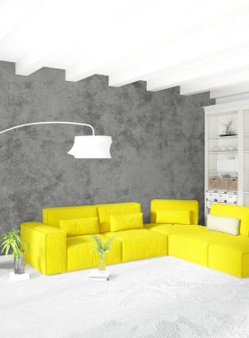 Dikey yatak odası en az ya da Loft tarzı iç tasarım. 3D render. Kavram fikir.