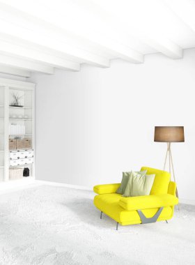 Dikey yatak odası en az ya da Loft tarzı iç tasarım. 3D render. Kavram fikir.