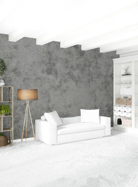 Dikey yatak odası en az ya da Loft tarzı iç tasarım. 3D render. Kavram fikir.