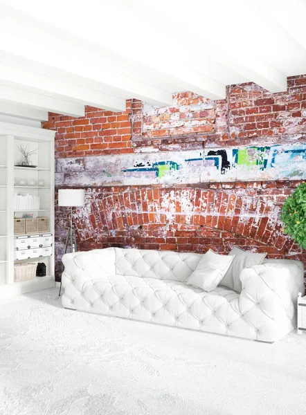 Dikey yatak odası en az ya da Loft tarzı iç tasarım. 3D render. Kavram fikir.