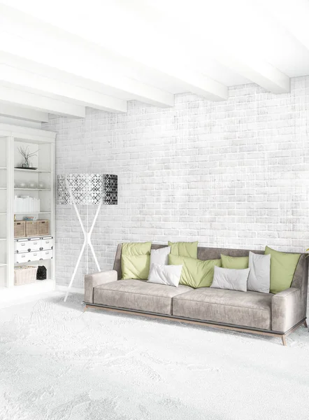 Dikey yatak odası en az ya da Loft tarzı iç tasarım. 3D render. Kavram fikir.