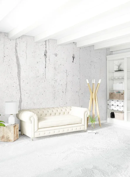 Dikey yatak odası en az ya da Loft tarzı iç tasarım. 3D render. Kavram fikir.