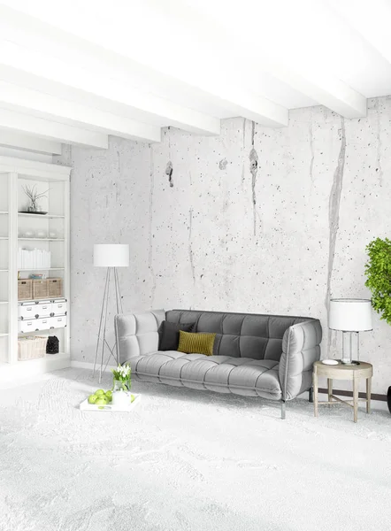 Dikey yatak odası en az ya da Loft tarzı iç tasarım. 3D render. Kavram fikir.