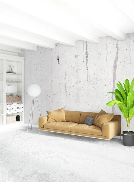 Dormitorio vertical de estilo minimalista o loft de diseño de interiores. Representación 3D. Concepto idea . —  Fotos de Stock