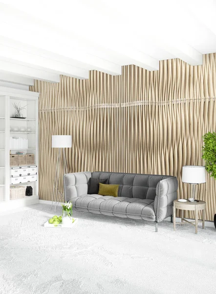 Dikey yatak odası en az ya da Loft tarzı iç tasarım. 3D render. Kavram fikir.