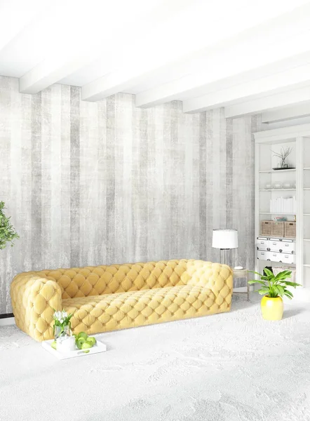 Dikey yatak odası en az ya da Loft tarzı iç tasarım. 3D render. Kavram fikir.