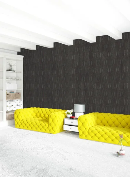 Dikey yatak odası en az ya da Loft tarzı iç tasarım. 3D render. Kavram fikir.