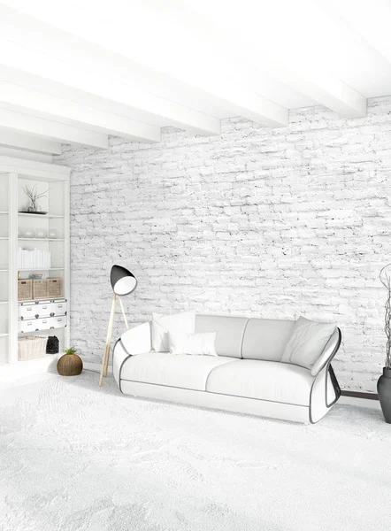 Dikey yatak odası en az ya da Loft tarzı iç tasarım. 3D render. Kavram fikir.