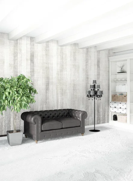 Dikey yatak odası en az ya da Loft tarzı iç tasarım. 3D render. Kavram fikir.