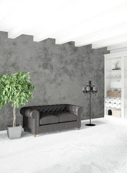 Dikey yatak odası en az ya da Loft tarzı iç tasarım. 3D render. Kavram fikir.