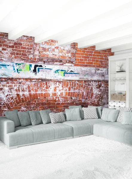 Dikey yatak odası en az ya da Loft tarzı iç tasarım. 3D render. Kavram fikir.