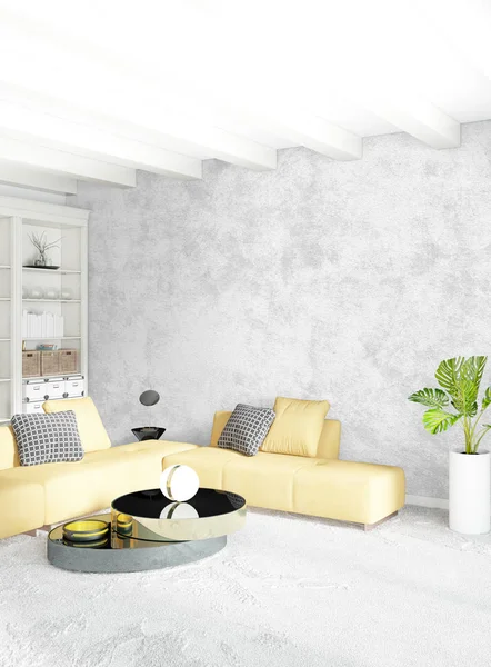 Dikey yatak odası en az ya da Loft tarzı iç tasarım. 3D render. Kavram fikir.