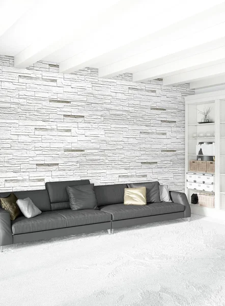 Dikey yatak odası en az ya da Loft tarzı iç tasarım. 3D render. Kavram fikir.