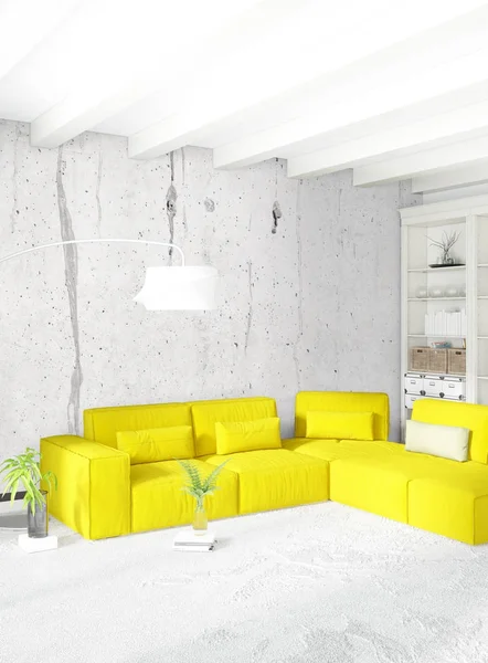 Dikey yatak odası en az ya da Loft tarzı iç tasarım. 3D render. Kavram fikir.