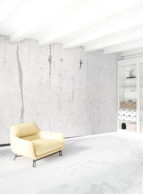 Dikey yatak odası en az ya da Loft tarzı iç tasarım. 3D render. Kavram fikir.