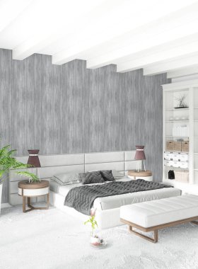 Çatı katı yatak odasında modern tarzı iç tasarım eklektik duvar ve şık kanepe. 3D render.