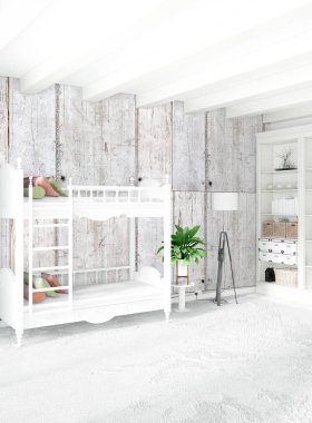 Çatı odasında modern tarzı iç tasarım eklektik duvar ve boşaltmak dikey kavramı. 3D render.